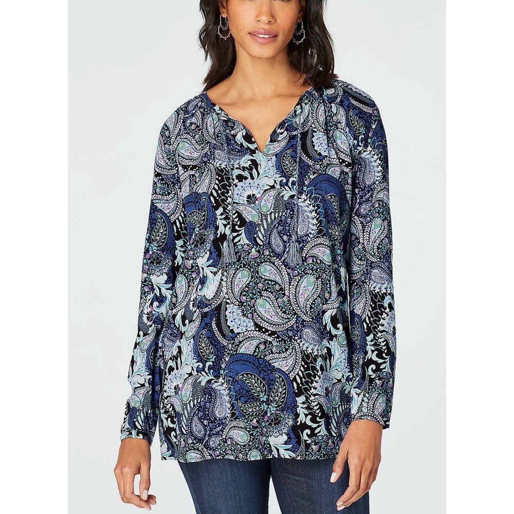 J. Jill Womens XL Purple Paisley Rayon Tassel Split Neck Tunic Blouse